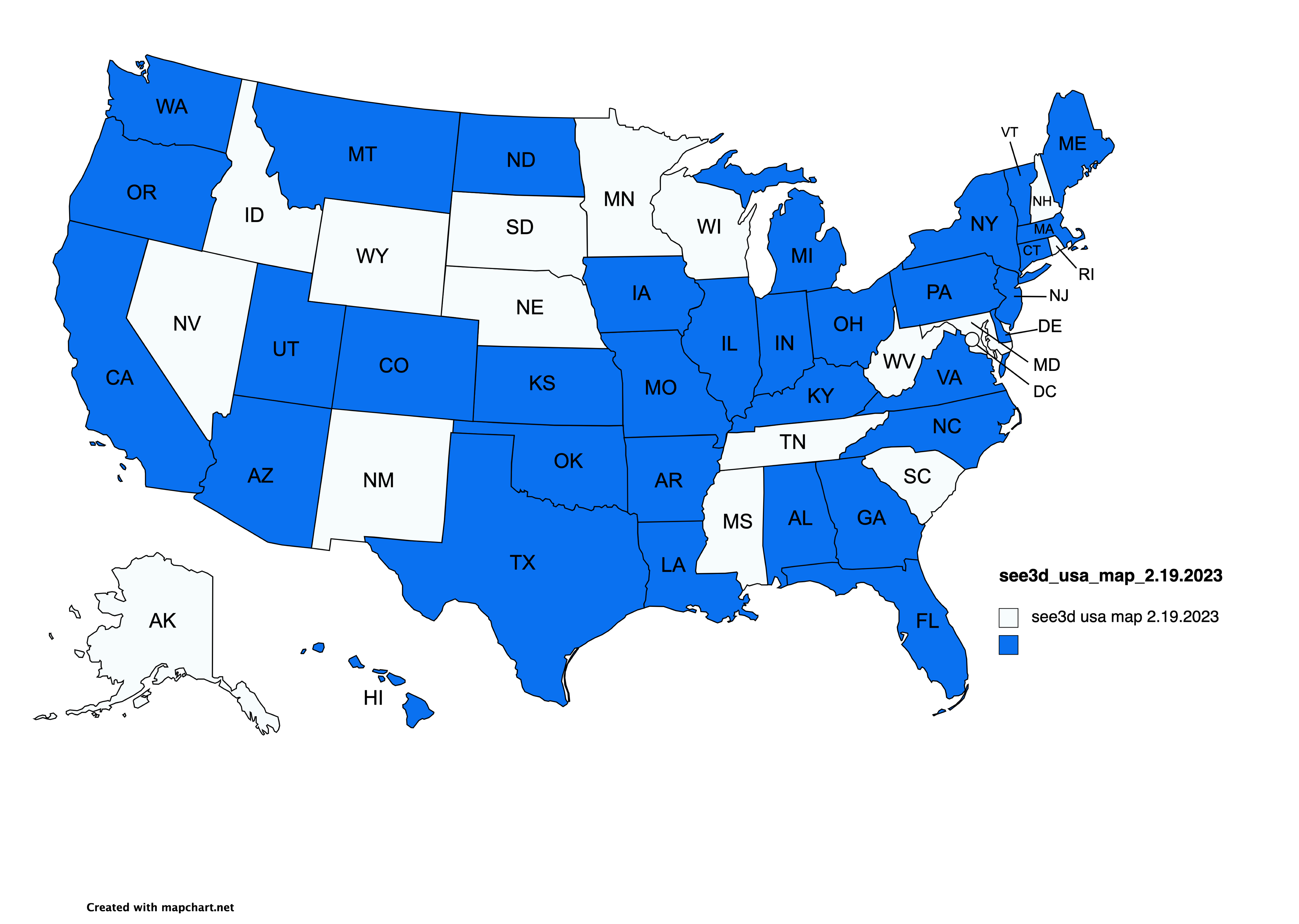 An image of a map which contains all but 16 states filled in.