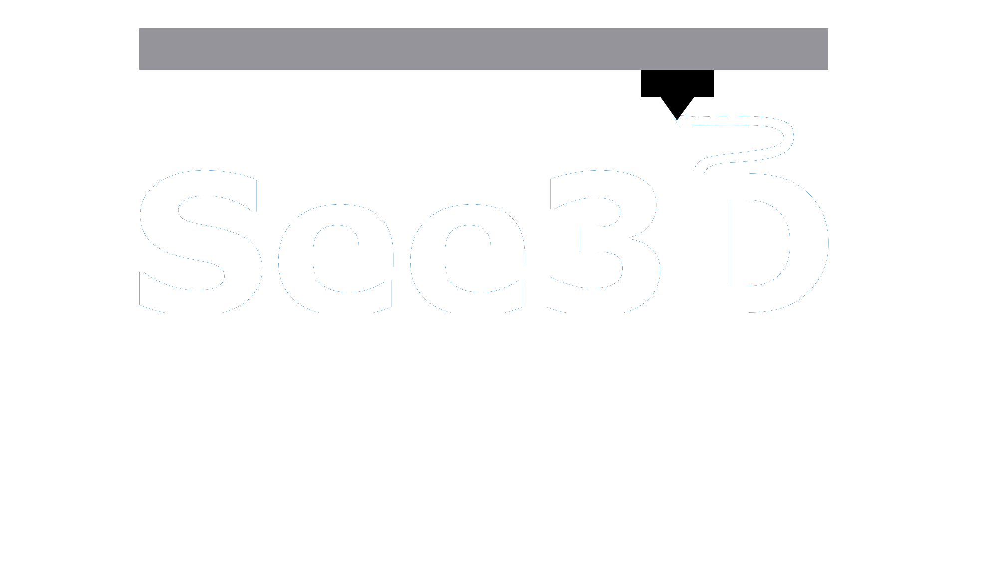 See3D Logo: The words See3D in blue being 3D printed. The black extruder hangs from a grey bar and extrudes blue filament that snakes down to the top of the letter D since See3D has finished printing.